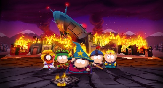 South Park le bâton de la vérité, les héros prennent la pose devant la ville en feu