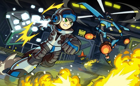 Mighty n°9 artwork Héros qui combat un robot entouré d'explosions