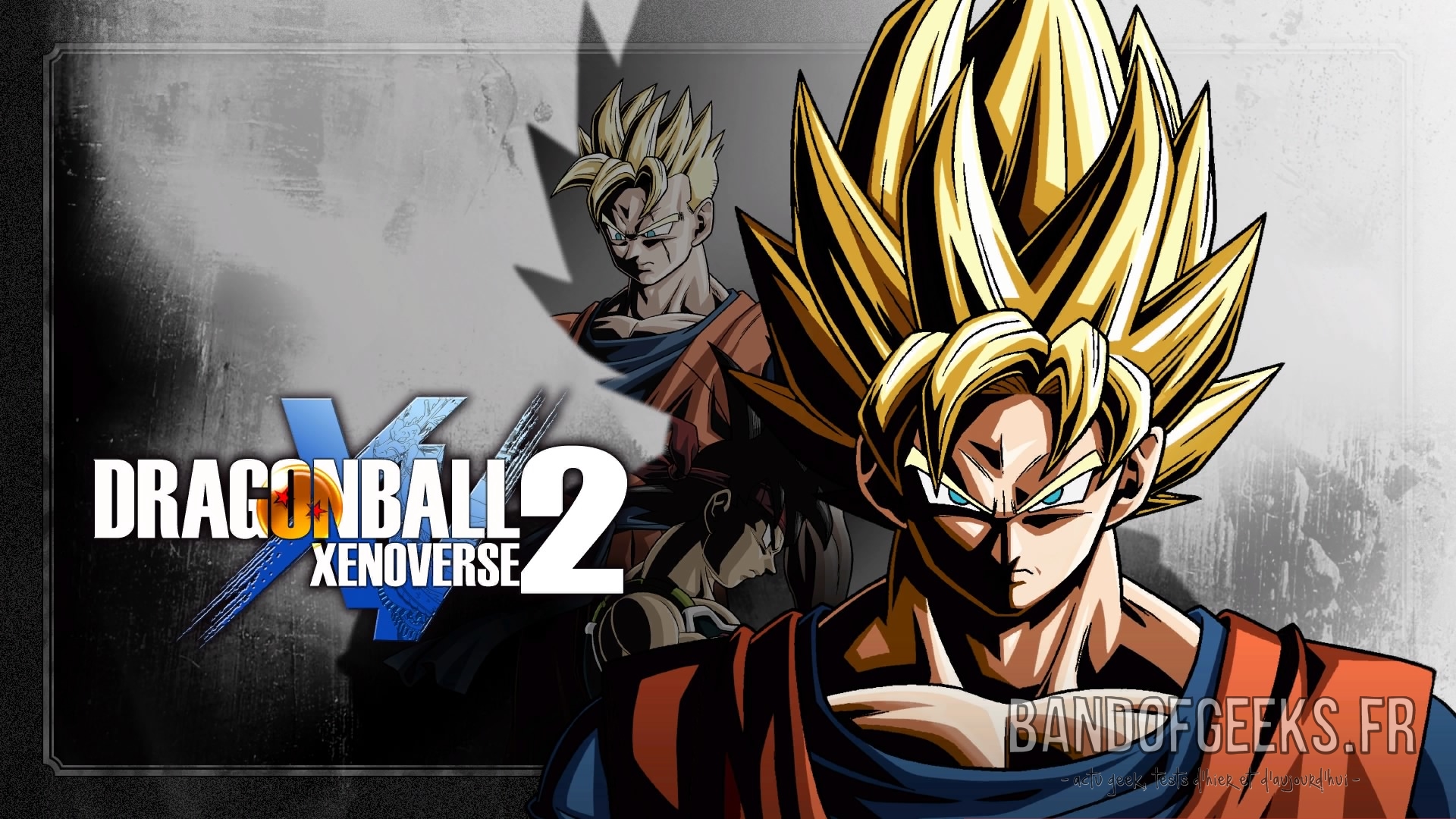Dragon Ball Xenoverse 2 Goku en super Saiyen avec logo du jeu sur fond gris