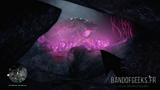 Far Cry Primal grotte avec squelette de dinosaure fluorescent