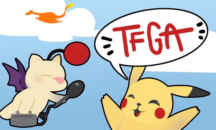TFGA Logo saison 3 avec Mog qui interview Pikachu