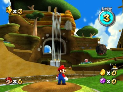 Super Mario Galaxy Mario devant une cascade