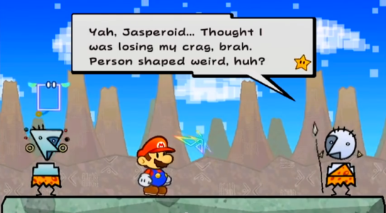 Super Paper Mario Mario discute avec des Crags