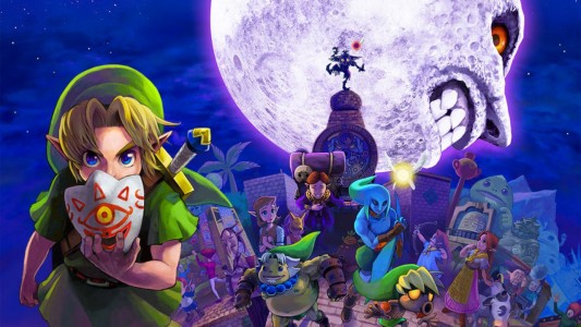 Majora's Mask artwork avec Link et le masque de Vérité devant tous les protagonistes