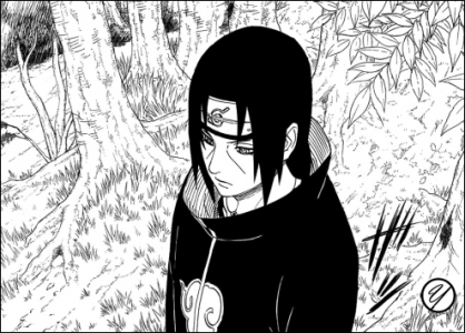 Naruto Itachi avec le manteau de l'Akatsuki marche dans la forêt