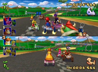 Une course en écran splitté dans Mario Kart Double Dash