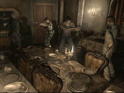 Rebecca et Billy affrontent des zombies dans une salle à manger dans Resident Evil 0