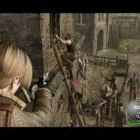 Leon Kennedy vise des zombies qui grimpent à une échelle dans Resident Evil 4