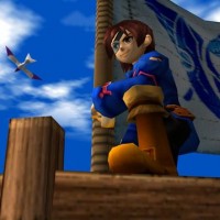 Vyse prend la pose devant le drapeau des Voleurs Bleus dans Skies of Arcadia