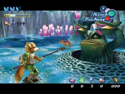 Fox attaque un ennemi avec son baton dans Starfox Adventures