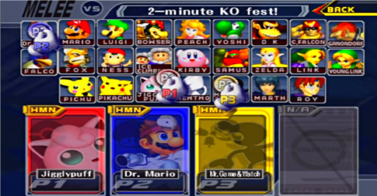 Ecran de sélection du personnage de Super Smash Bros. Melee