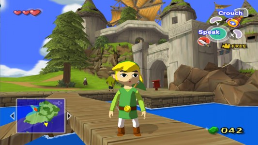 Link baille aux corneilles sur le ponton de Mercant'île dans The Legend of Zelda Wind Waker