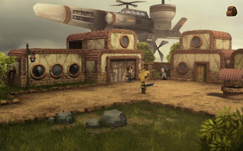 Evoland village en 3D avec le vaisseau volant de Sid