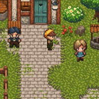 Evoland Clink est dans un village à côté de deux personnages et d'un puit