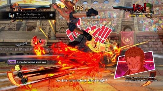 One Piece Burning Blood Ace frappe Zoro avec un coup de pied enflammé
