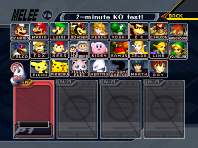 Super Smash Bros Melee écran sélection personnages