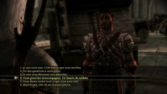 Dragon Age Origins choix de dialogue entre le héros et un garde