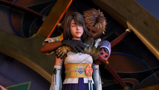 Final Fantasy X Yuna et Tidus se font un câlin.