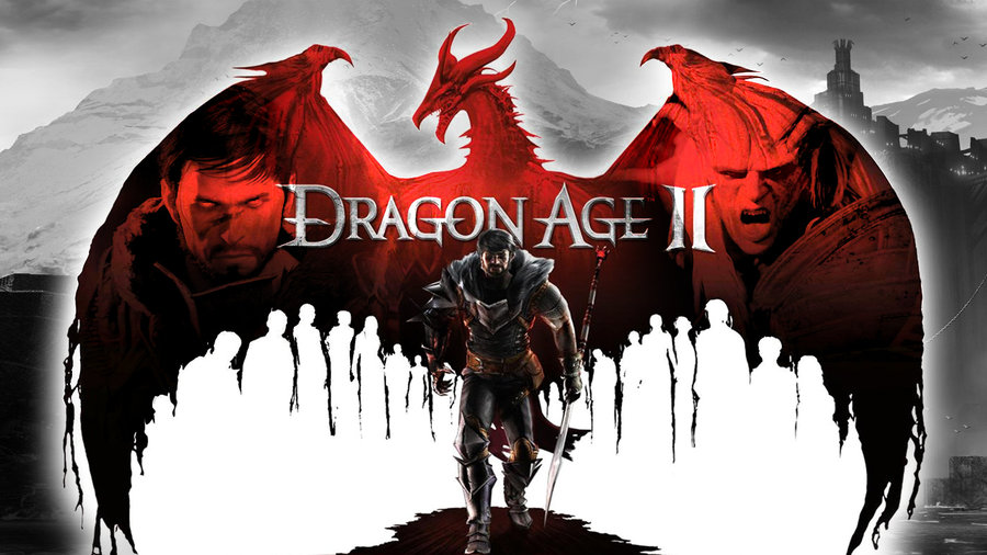 Dragon Age II logo avec héros sur fond de dragon