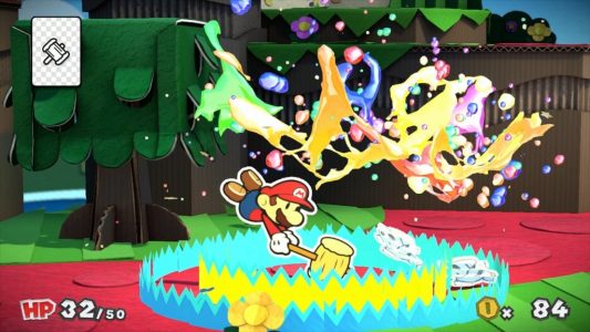 Paper Mario Color Splash Mario donne un coup de marteau et fait jaillir des couleurs