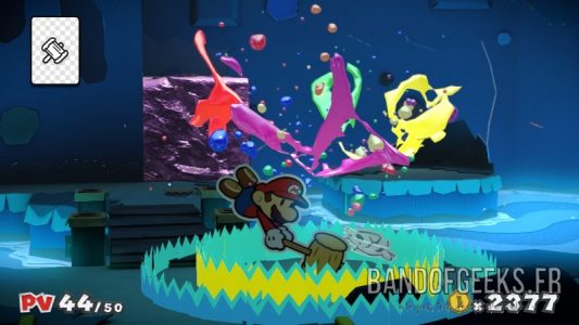 Paper Mario Color Splash Mario donne un coup de marteau dans une explosion de couleurs