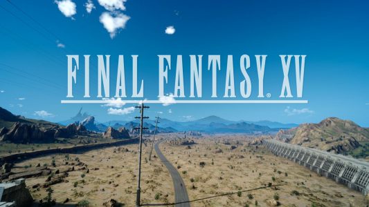 Final Fantasy XV logo sur fond de route désertique