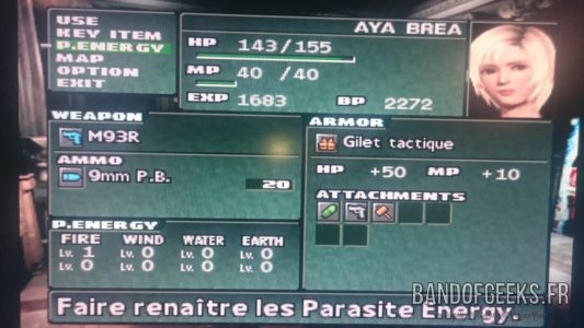 Journal Nostalgie Parasite Eve II menu principal du jeu