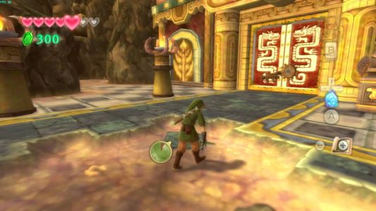 Skyward Sword Link est épuisé et devant un temple