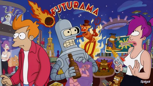 Futurama Fry Bender et Leila sont devant le diable robot