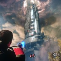 Mass Effect 2 Shepard face à une gigantesque tour