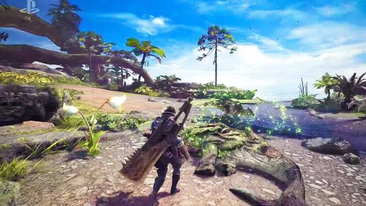 Monster Hunter World héros sur une plage devant un cadavre de dinosaure