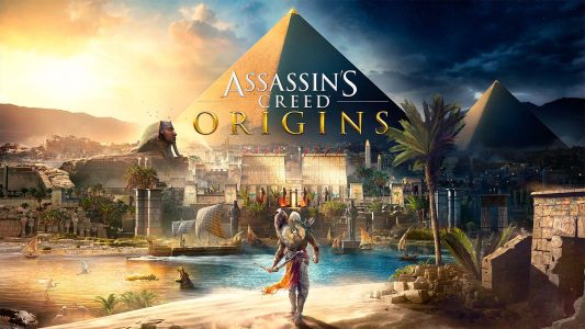 Assassin's Creed Origins logo avec Bayek devant une pyramide