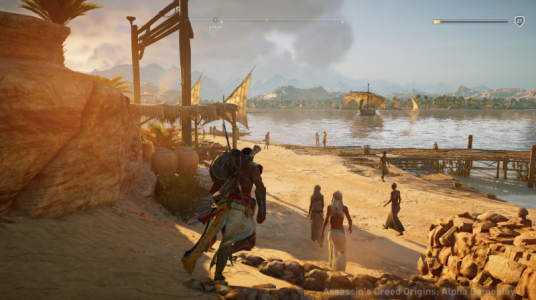 Assassin's Creed Origins Bayek arrive vers une berge