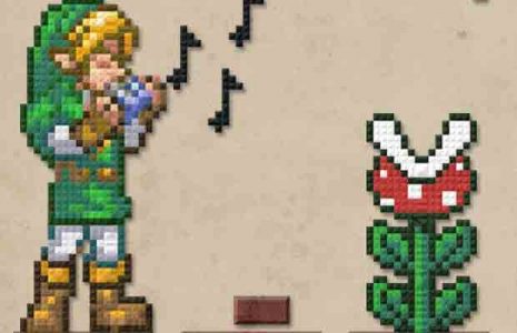 Musique Link joue de l'ocarina devant une plante de Mario Bros
