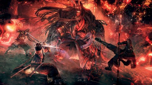Nioh BloodShed Giant Oni Flammes surrounded Band of Geeks