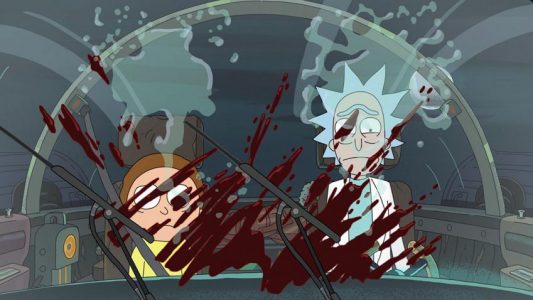 Rick et Morty du sang sur le pare-brise du vaisseau de Rick et Morty