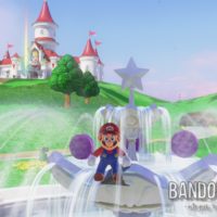 Super Mario Odyssey Mario sur une fontaine devant le chateau de Peach