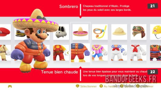 Super Mario Odyssey menu de sélection des tenues de Mario