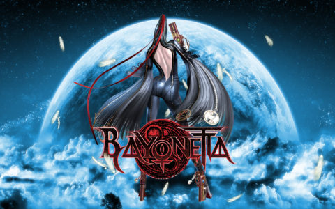Bayonetta de dos devant une lune avec le logo du jeu