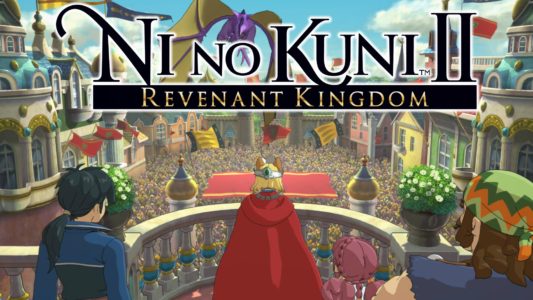 Ni no Kuni 2 logo et héros devant son peuple