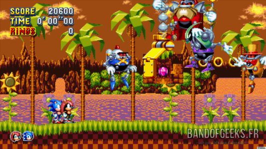Sonic Mania Plus Sonic et Mighty devant un Boss