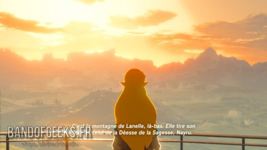 Breath of the Wild Zelda discute avec Link devant le soleil couchant