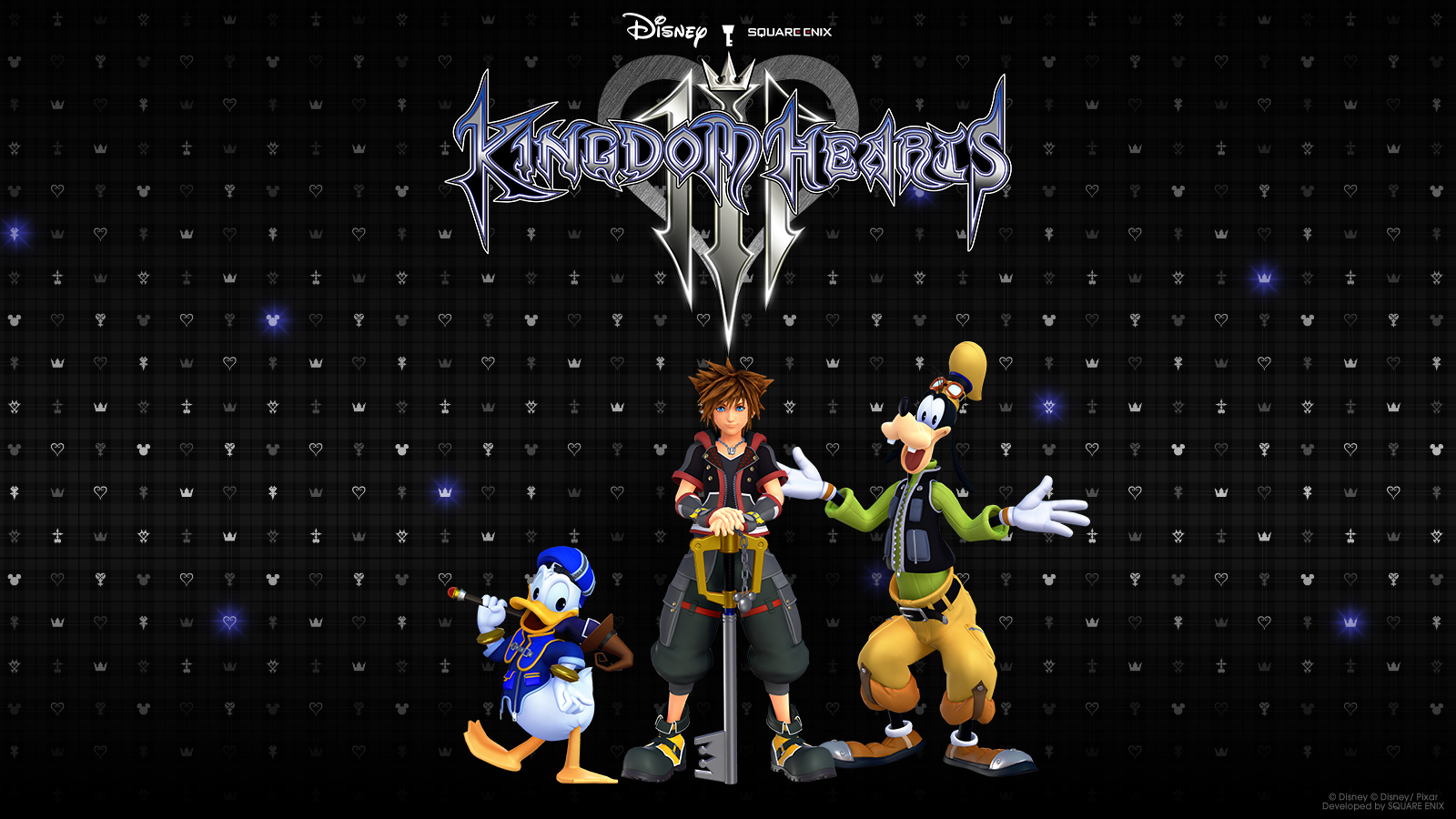 Kingdom Hearts III Sora Donald et Dingo devant le logo