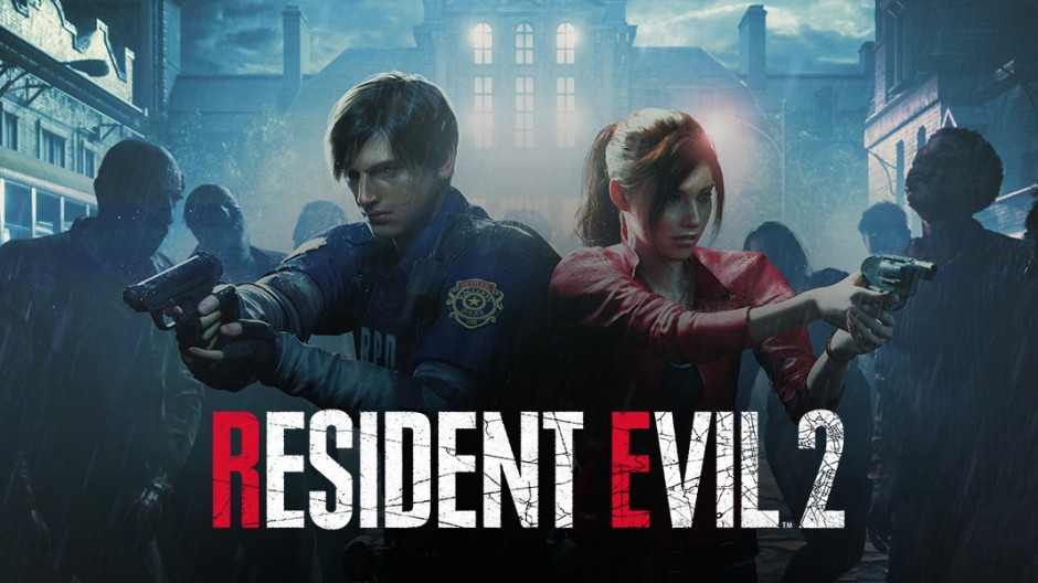 Resident Evil 2 logo avec Claire et Léon aux prises avec des zombies