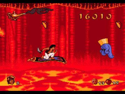 Aladdin sur le tapis volant au dessus de la lave