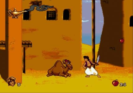 Aladdin à côté d'un chameau dans Agrabah