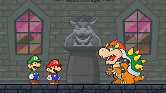 Super Paper Mario Bowser discute avec Luigi et Mario