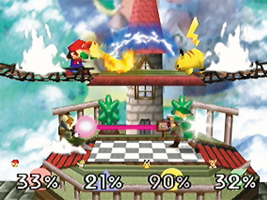 Super Smash Bros. Mario Link Rondoudou et Pikachu s'affrontent