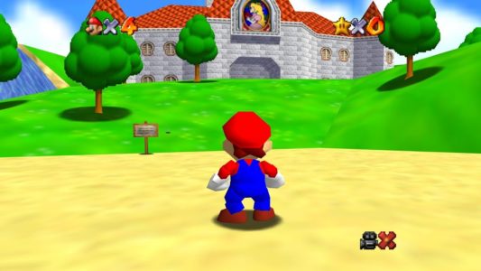 Super Mario 64 Mario se balade dans le jardin du château